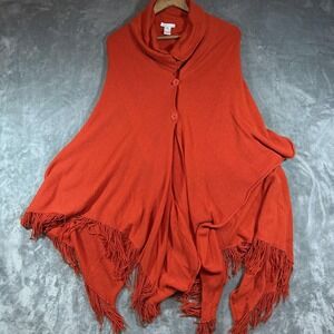Garnet Hill Poncho Womens Medium Red Orange 100% Cashmere Fringe Wrap Shawl